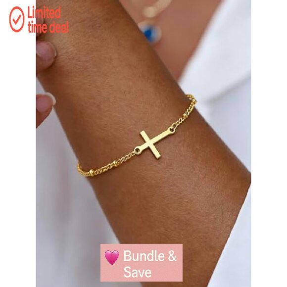 14K Gold Plated Charm Bracelet with Cross, Adjustable 6.5-8.5 Inches - Picture 3 of 5